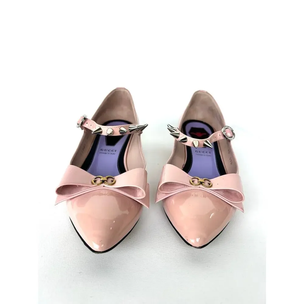 Gucci Vernice Crystal Bow Spike Ballerina Ballet Flats Perfect Pink 36 Sadie 6